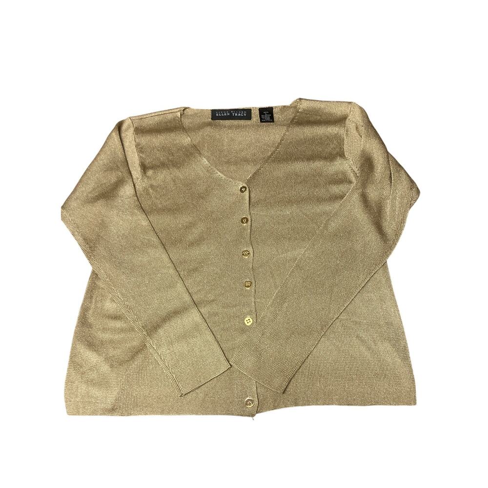Linda Allard Ellen Tracy‎ Womens Sz L Gold Metallic Knit Cardigan Sweater Preppy